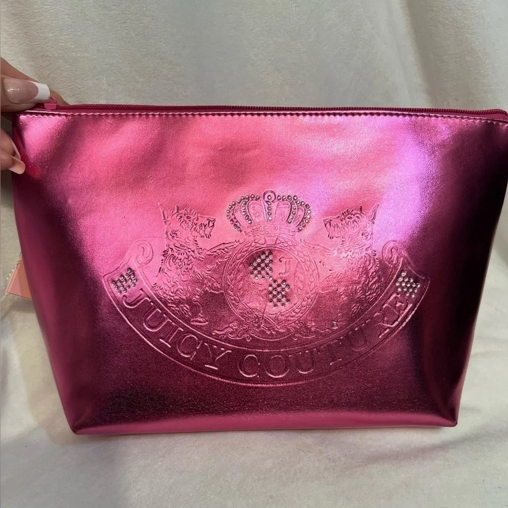 👑 🩷Juicy Couture  Pink Metallic Cosmetic Bag AND EMPTY TOILETRY BOTTLE 🩷NWT